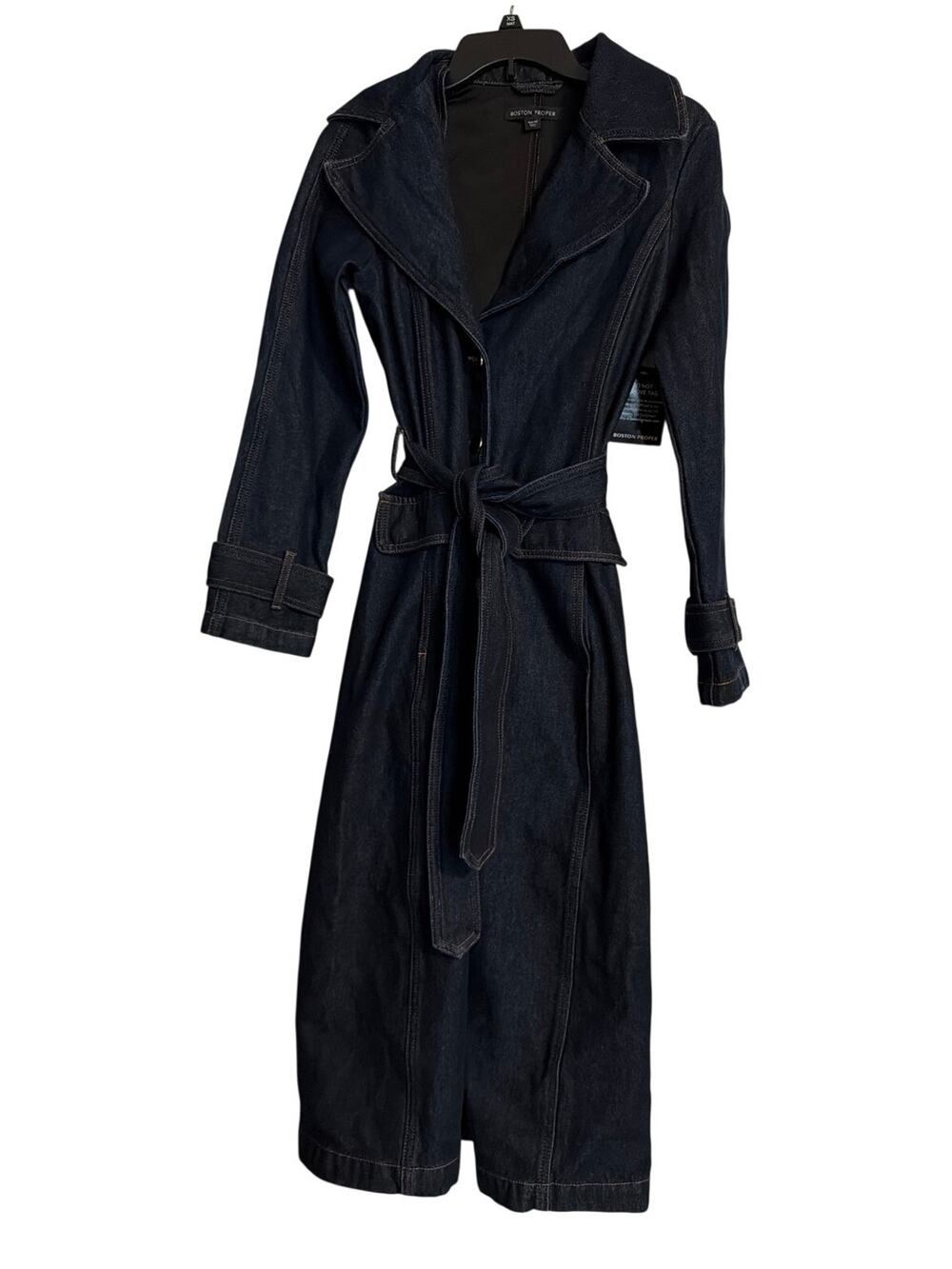 Boston Proper Chic Denim Belted Trench Coat Dark Rinse Long Jacket NWT Size XS